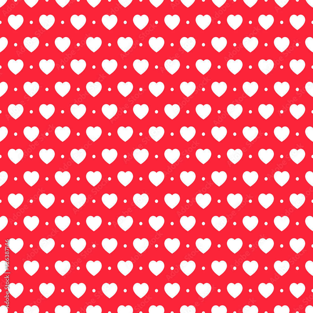 Valentine seamless heart vector pattern. Simple white hearts on red background.