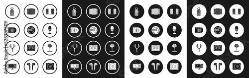 Set Stereo speaker, Music CD player, Vinyl disk, Microphone, Musical instrument accordion, stand and tuning fork icon. Vector