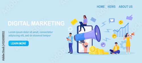 Digital marketing. Hand holding megaphone coming out from phone. Business analysis, content strategy and management. Advertising Social media campaign, communication, SEO. Vector design