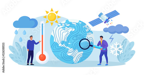 Meteorology, geophysics science. Meteorologists studying, researching climate condition. Weather forecaster predict weather with satellite service, met station and space engineering. Planetary science