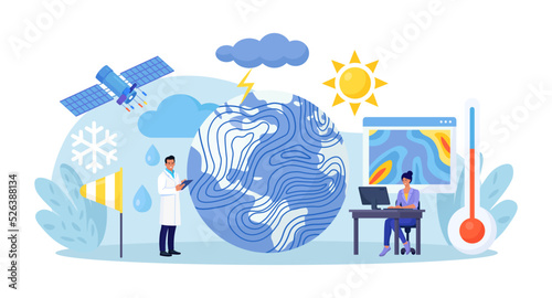 Meteorology, geophysics science. Meteorologists studying, researching climate condition. Weather forecaster predict weather with satellite service, met station and space engineering. Planetary science