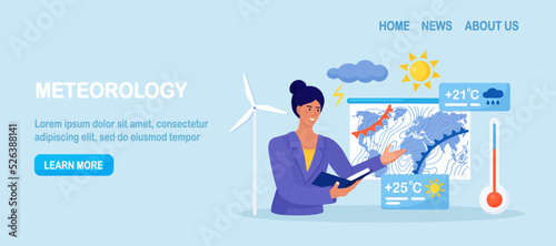 Weather forecast online. Presenter with atmospheric precipitation map on background. Weather broadcast. Woman presenting meteorology newscast. Meteorological television news and announcement