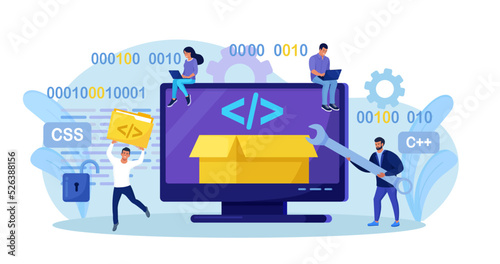 Open source. Tiny programmers programming website for internet platform. Developers creating open code or software script. Free software for the computer. Download and install file for free