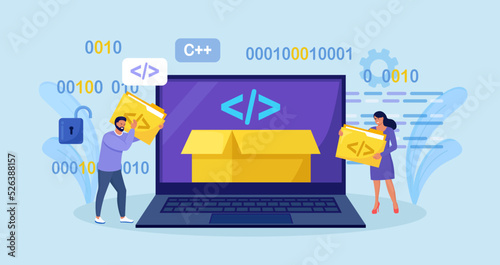 Open source. Tiny programmers programming website for internet platform. Developers creating open code or software script. Free software for the computer. Download and install file for free