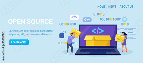 Open source. Tiny programmers programming website for internet platform. Developers creating open code or software script. Free software for the computer. Download and install file for free