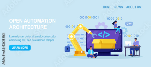 Developers creating software script at computer with open robotic soft. Open automation architecture, open source, free development. Programmers programming website for internet platform