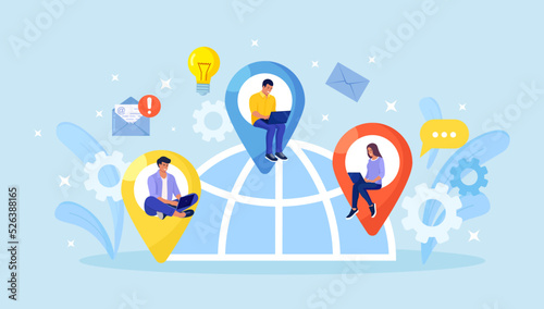 Global outsourcing, freelance. Teamwork and project delegation. Employee work from home remotely. People with different skills connecting together online and working on the same project, remote work
