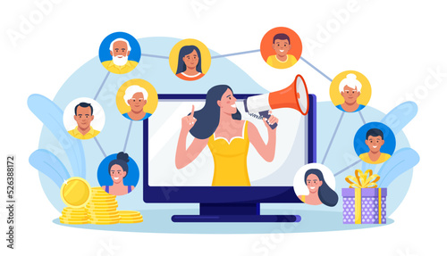 Refer a friend. Social media marketing, referral program. People share information with affiliate referrals and making money. Woman tell her friends about action and all benefited. Vector design photo
