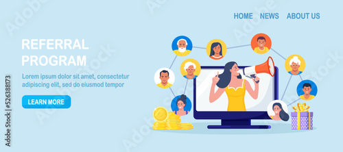 Refer a friend. Social media marketing, referral program. People share information with affiliate referrals and making money. Woman tell her friends about action and all benefited. Vector design