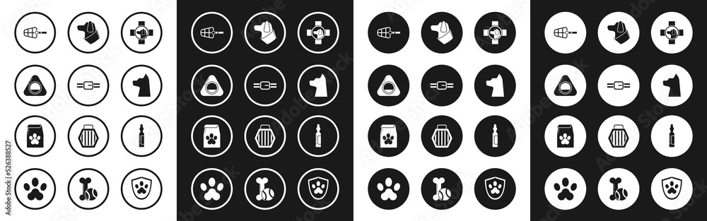 Set Veterinary clinic symbol, Collar with name tag, Pet bed, Dog muzzle, Cat, Pets vial medical and Bag of food for pet icon. Vector