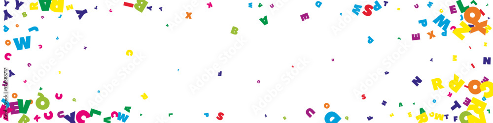 Falling letters of English language. Bright flying words of Latin alphabet. Foreign languages study concept. Sublime back to school banner on white background.