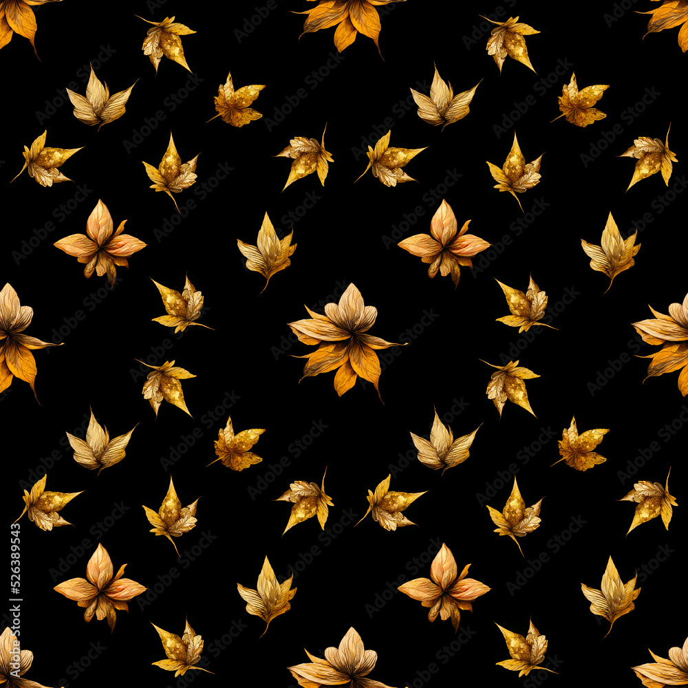 Seamless background with golden leaf doodles on black background. Luxury pattern for creating textiles, wallpaper, paper. Vintage. Romantic floral Illustration Seamless background with golden leaf doodles on black background. Luxury pattern for creating textiles, wallpaper, paper. Vintage. Romantic floral Illustration