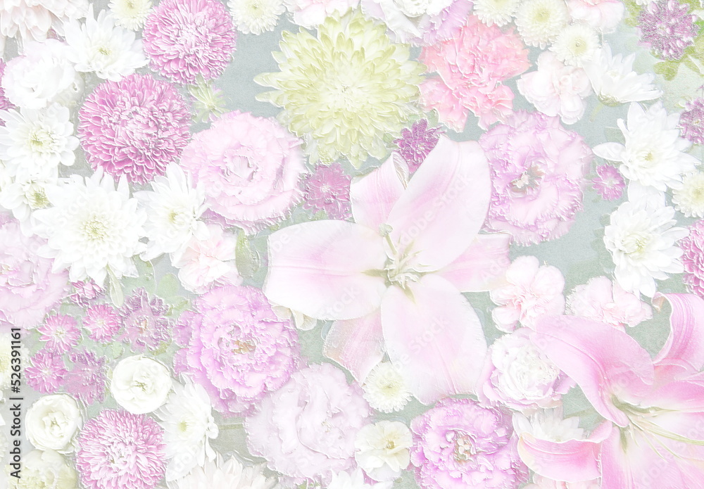 Relief of Lilies, lisianthus and chrysanthemums. Floral backbround. 3D illustration. 3D render
