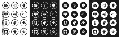 Set Diving hood, mask and snorkel, Scallop sea shell, Fishing harpoon, Wetsuit and Gauge scale icon. Vector