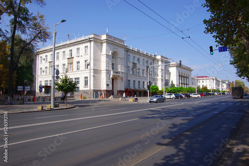 Moldova. Kishinev. 07.29.22. View of the central street of the city and old buildings with unusual architecture.