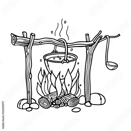 Campfire with pot. Outdoor food prepared on fire. Bonfire with cauldron Engraving outline Vector Illustration for coloring book