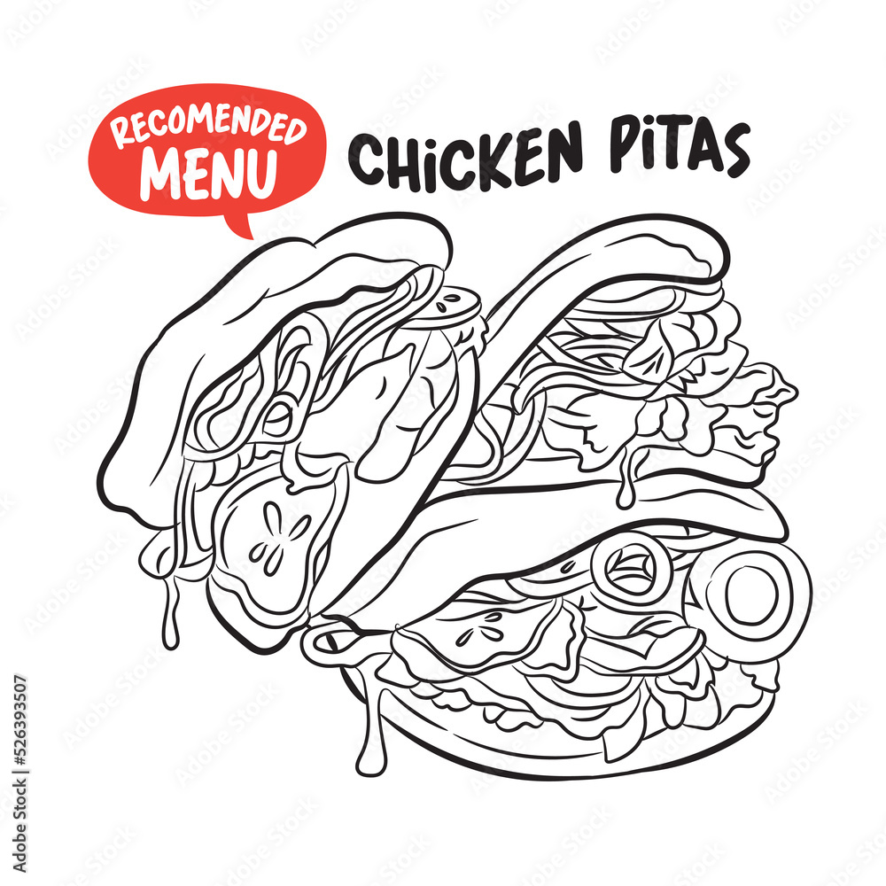 Chicken Pitas vector illustration, perfect for restaurant poster, menu, walldecor design Chicken Pitas vector illustration, perfect for restaurant poster, menu, walldecor design