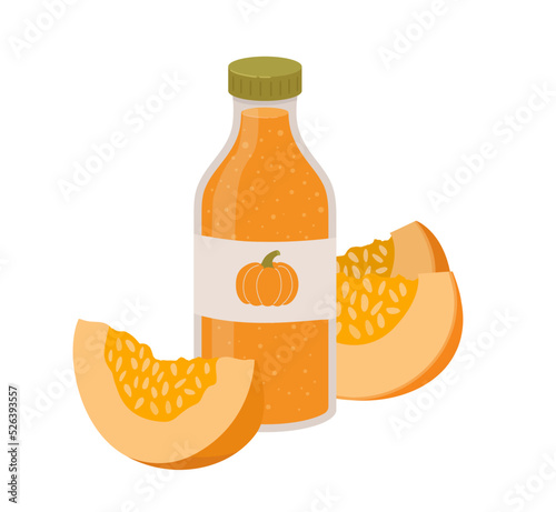 Jar with pumpkin smoothie isolated on white background. Vector illustration of healthy vegetable drink. Autumn seasonal products. Fresh juice for menu or banner for vegan eating.