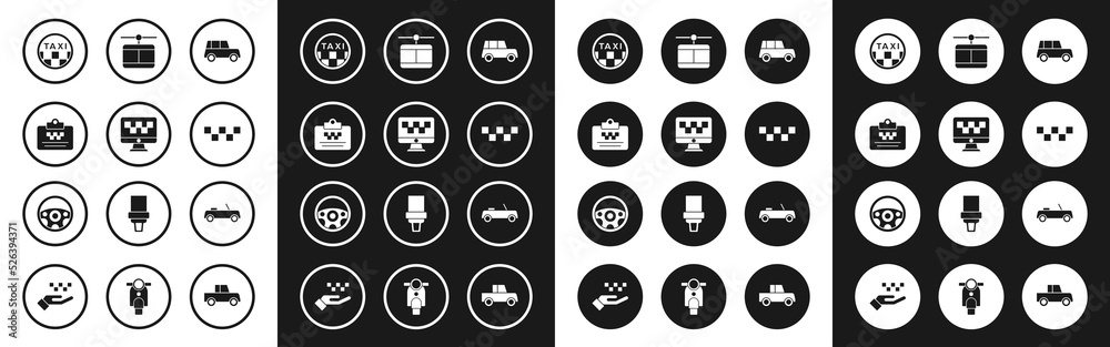 Set Car, Computer call taxi service, Taxi driver license, car roof, Cable, and Steering wheel icon. Vector