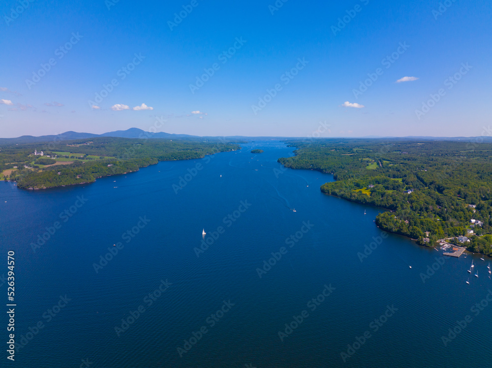 Lake Memphremagog aerial view in summer in Memphremangog Regional County Municipality RCM in Province of Quebec QC, Canada. 