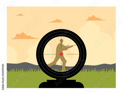 The point of view of soldiers who are being targeted by enemy fire. A tense war situation. Shooting targets. War vector illustration.	