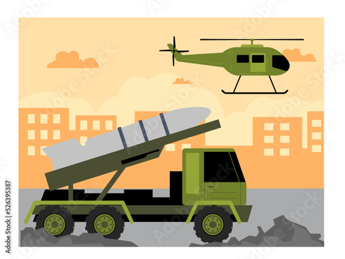 A truck transports missiles ready to be launched to destroy enemies. Military helicopters are tasked with overseeing the state of war through the air. Vehicles used during war.War vector illustration