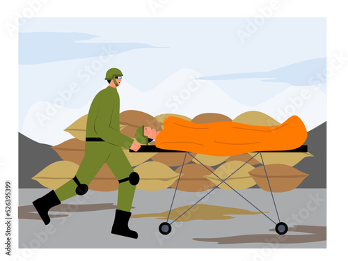 Military soldiers evacuating war victims. The effects of war that caused many people to die. War vector illustration	