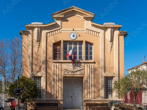 Art deco facade of the city hall of a Southern France village