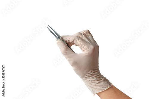 Female hand wearing a medical glove holds metal tweezers isolated transparent png photo
