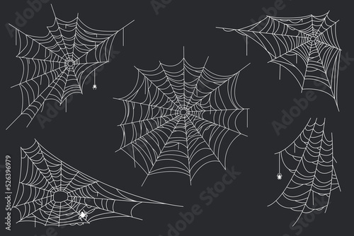 Spiderweb closeup on black background, halloween spider web spooky trap cartoon webs insect thread on corner old net cobweb, ingenious vector illustration of cobweb and spiderweb. Abandoned cobwebs.