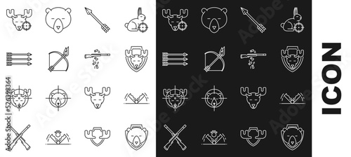 Set line Bear head on shield, Trap hunting, Moose, Hipster arrow, Bow and fire, arrows, Hunt moose with crosshairs and Gun shooting icon. Vector