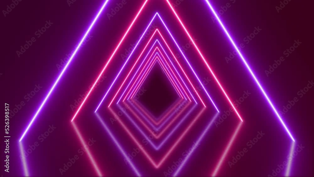 3d abstract background with animation of flying through in futuristic endless tunnel with colorful shiny triangle neon lights. Seamless VJ Loop. 4k.