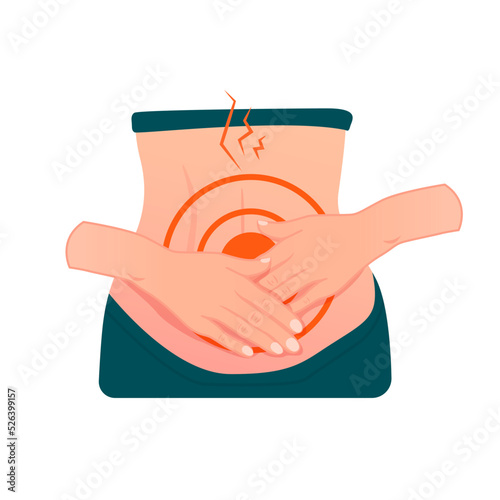 Diarrhea or constipation, problems with healthcare concept. She feels pain in her stomach, she touches her stomach with her hands and has nausea and illness vector illustration.