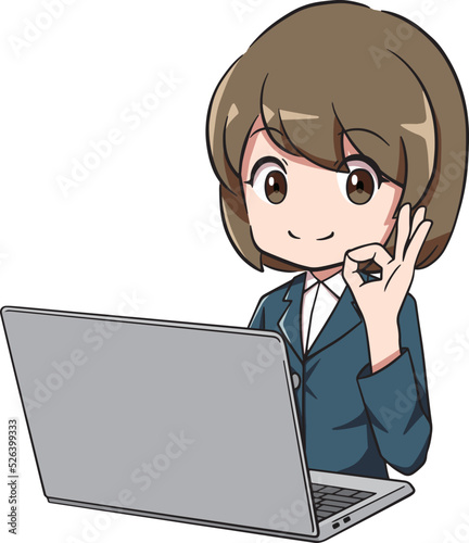 PC前でOKマークをつくるスーツを着た女性