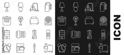 Set line Kitchen meat grinder, Remote control, Electric heater, Vacuum cleaner, fan, Slow cooker, Table lamp and Toaster with toasts icon. Vector