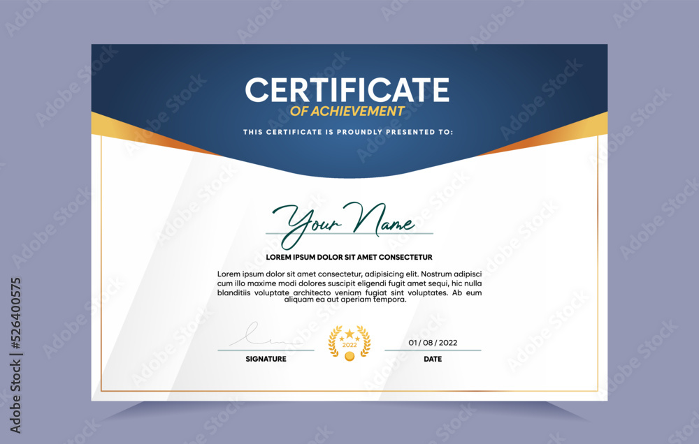 Blue and gold certificate of achievement template set with gold badge and border. For award, business, and education needs. Vector Illustration