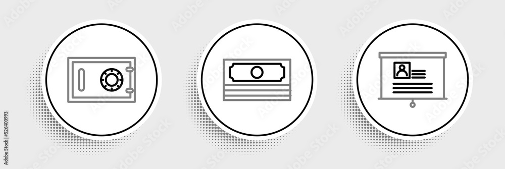 Set line Board with resume, Safe and Stacks paper money cash icon. Vector