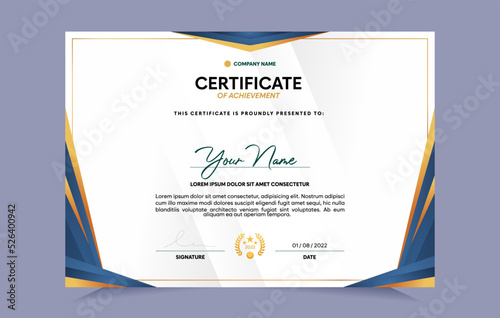Blue and gold certificate of achievement template set with gold badge and border. For award, business, and education needs. Vector Illustration