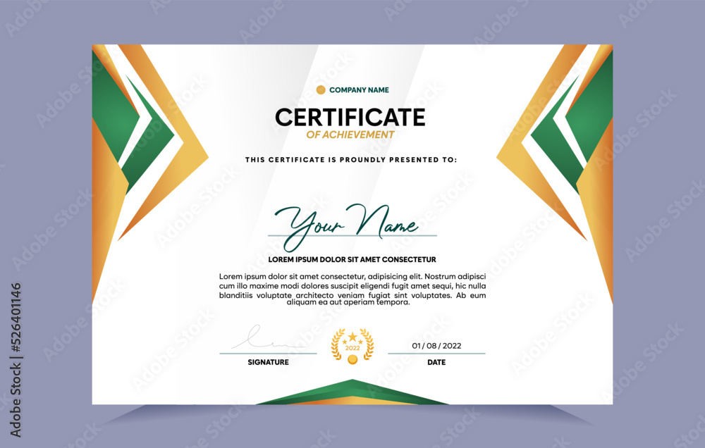 Green and gold certificate of achievement template set with gold badge. For award, business, and education needs. Vector Illustration Green and gold certificate of achievement template set with gold badge. For award, business, and education needs. Vector Illustration