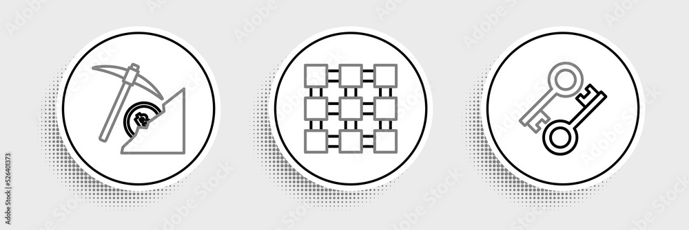 Fototapeta premium Set line Cryptocurrency key, cloud mining and Blockchain technology icon. Vector