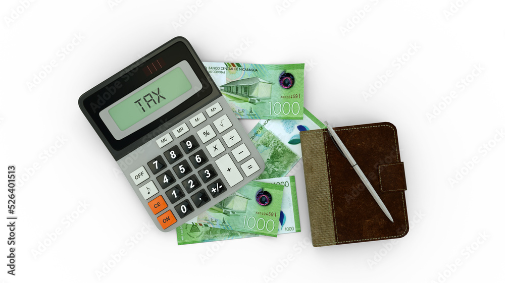 3D rendering of an isolated composition of Nicaraguan Cordoba notes, a calculator, a note book and a pen 3D rendering of an isolated composition of Nicaraguan Cordoba notes, a calculator, a note book and a pen