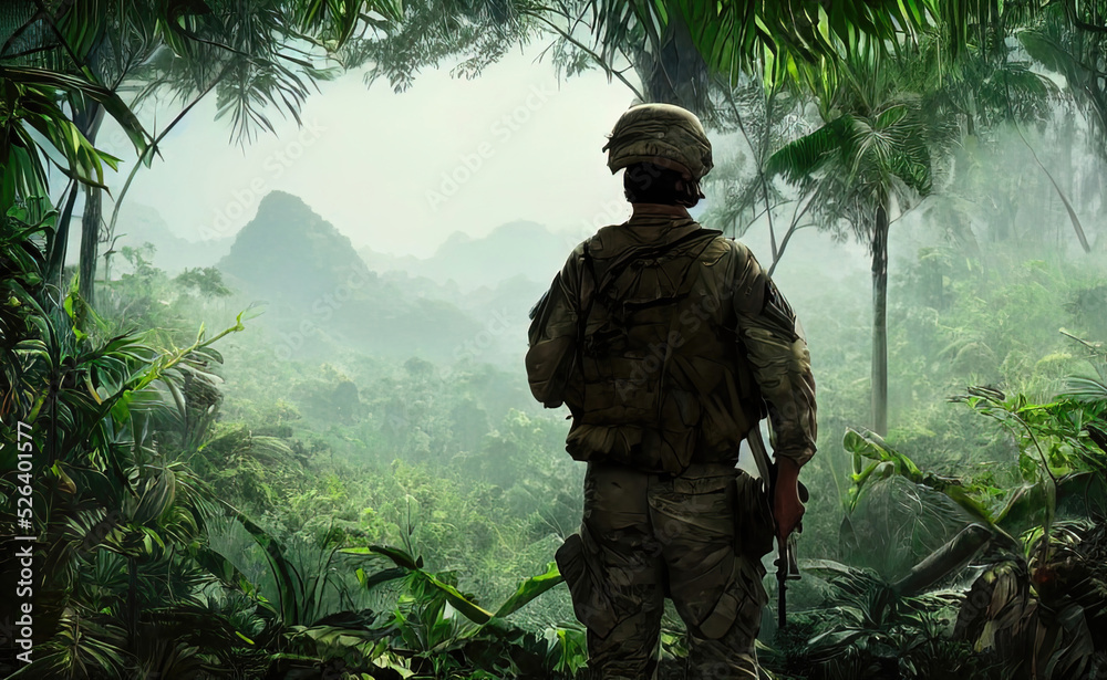 Soldier looking out onto a jungle rainforest landscape