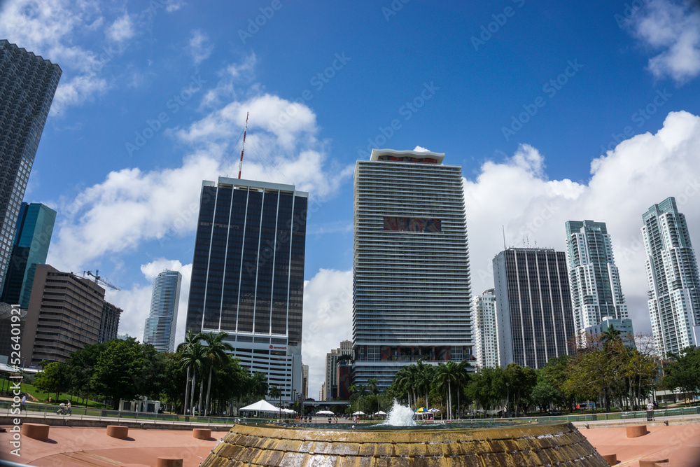 Skyscrapers in downtown in a blue sky at Miami, State of Florida, USA.