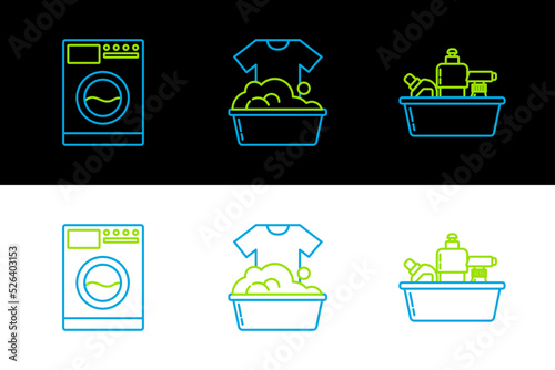 Set line Plastic bottles for liquid dishwashing liquid, Washer and basin with soap suds icon. Vector