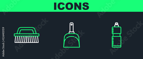 Set line Plastic bottles for liquid dishwashing liquid, Brush cleaning and Dustpan icon. Vector