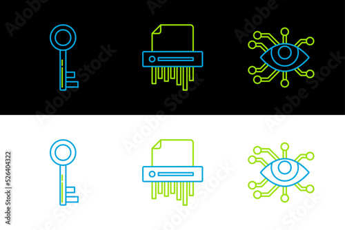 Set line Eye scan, Key and Paper shredder confidential icon. Vector