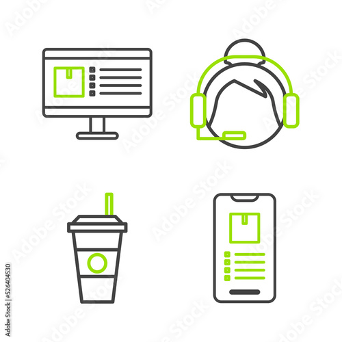 Set line Mobile phone with app delivery tracking, Coffee cup, Support operator touch and Computer monitor icon. Vector