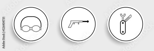 Set line Swiss army knife, Glasses and cap for swimming and Fishing harpoon icon. Vector