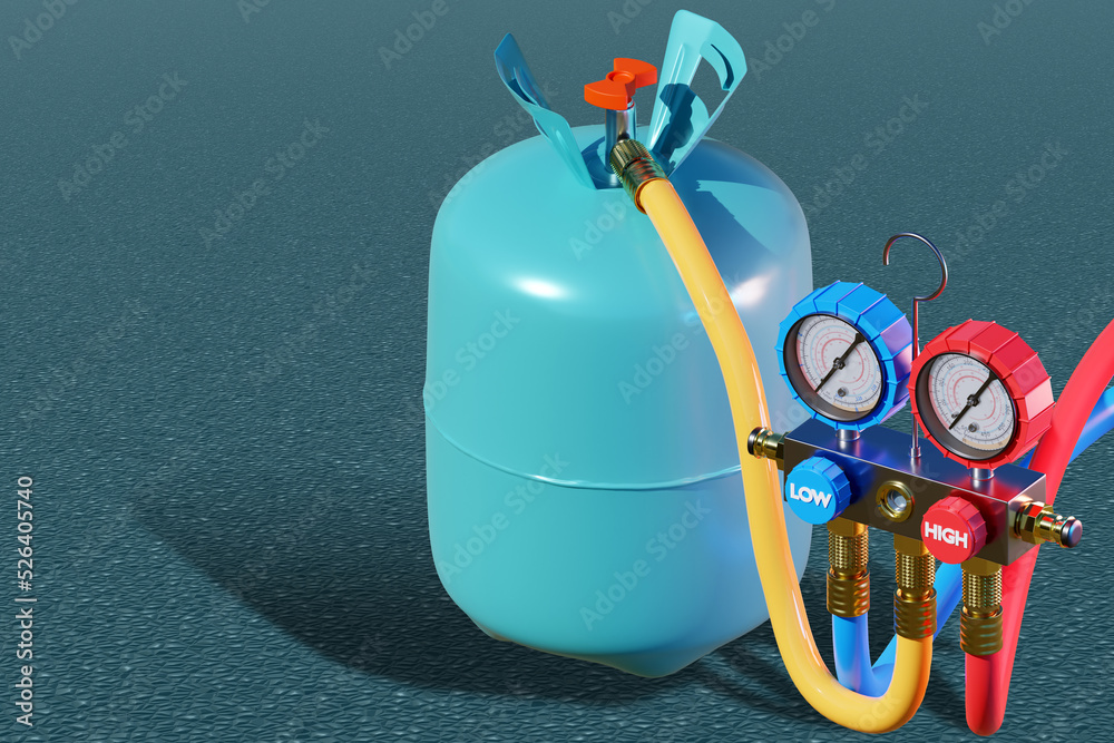 Filling split equipment. Gas cylinder with Freon on gray background