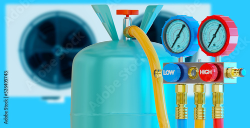Refrigerant for air conditioner. Bottle with refrigerant and manometers. Blurred air conditioner behind gas cylinder. Freon refrigerant for refueling Split equipment. Freon gas cylinder. 3d rendering.